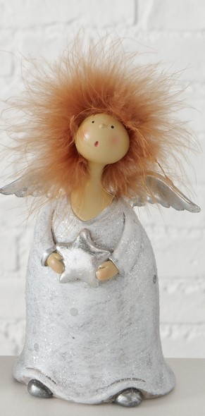 Kunstharz Engel Sally mit Wuschelkopf und Stern Silber - Höhe 18 cm