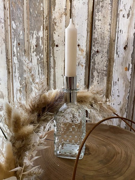 Kerzenhalter Glasflasche gepunktet klar mit Aufsatz silber - Höhe 15,5 cm