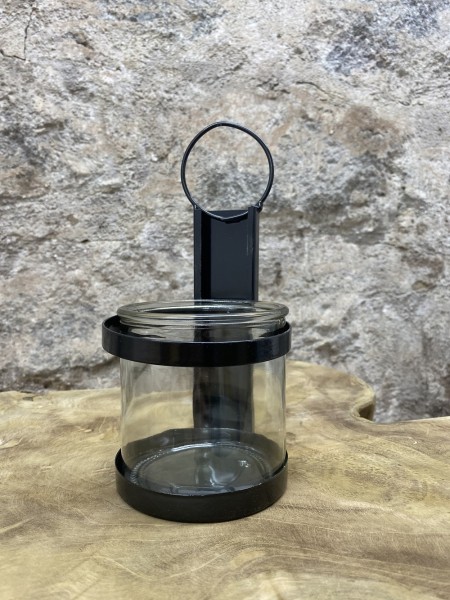 Glas Windlicht klein im Metallständer schwarz - Höhe 20 cm
