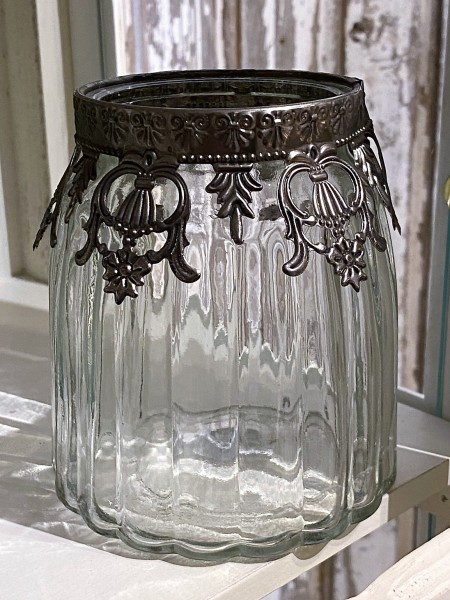 Glas Teelichthalter Pallona klein mit Metallverzierung - Höhe 12 cm