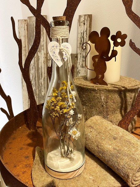 Glas Sektflasche 1 mit Trockenblumen gelb und LED Beleuchtung - Höhe 29,5 cm