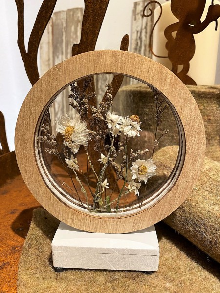 Holz Aufsteller 1 Glas runde Form mit Trockenblumen und LED Beleuchtung