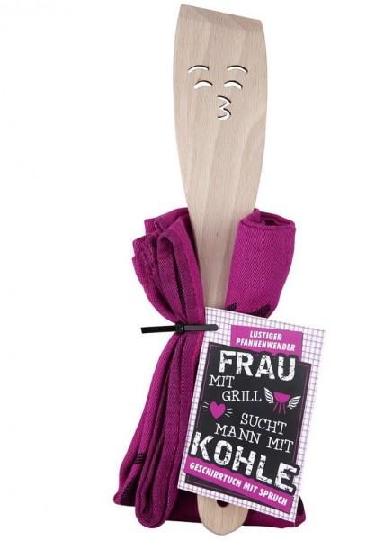 Holz Pfannenwender mit Gesicht und Geschirrtuch pink - Frau mit Grill