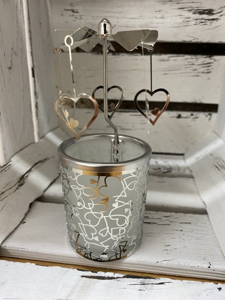 Glaskarussell Herzen Teelichthalter mit Propeller - Höhe 16 cm