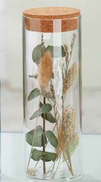 Glas länglich rund mit Trockenblumen und Korkdeckel - Höhe 18 cm