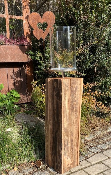 Holz Windlicht Säule Antik mit Aluminium Teller und Glas klein - Höhe 100 cm