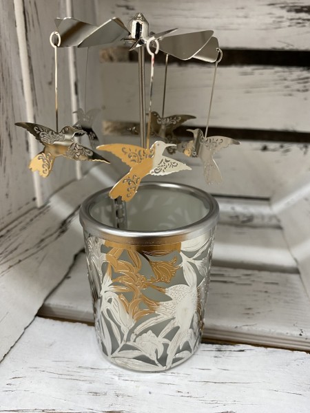 Glaskarussell Kolibri Teelichthalter mit Propeller - Höhe 16 cm