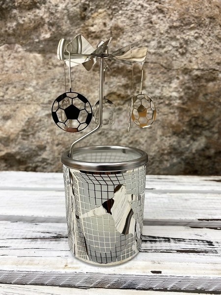 Glaskarussell Fußball Teelichthalter mit Propeller - Höhe 16 cm