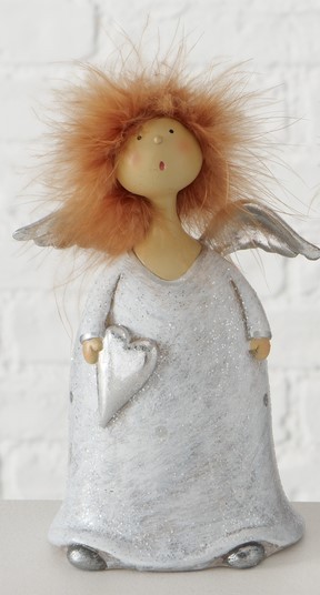Kunstharz Engel Sally mit Wuschelkopf und Herz Silber - Höhe 18 cm