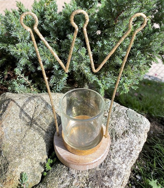 Metall Teelichthalter Krone Gold klein auf Holzsockel und Teelichtglas - Höhe 17,5 cm